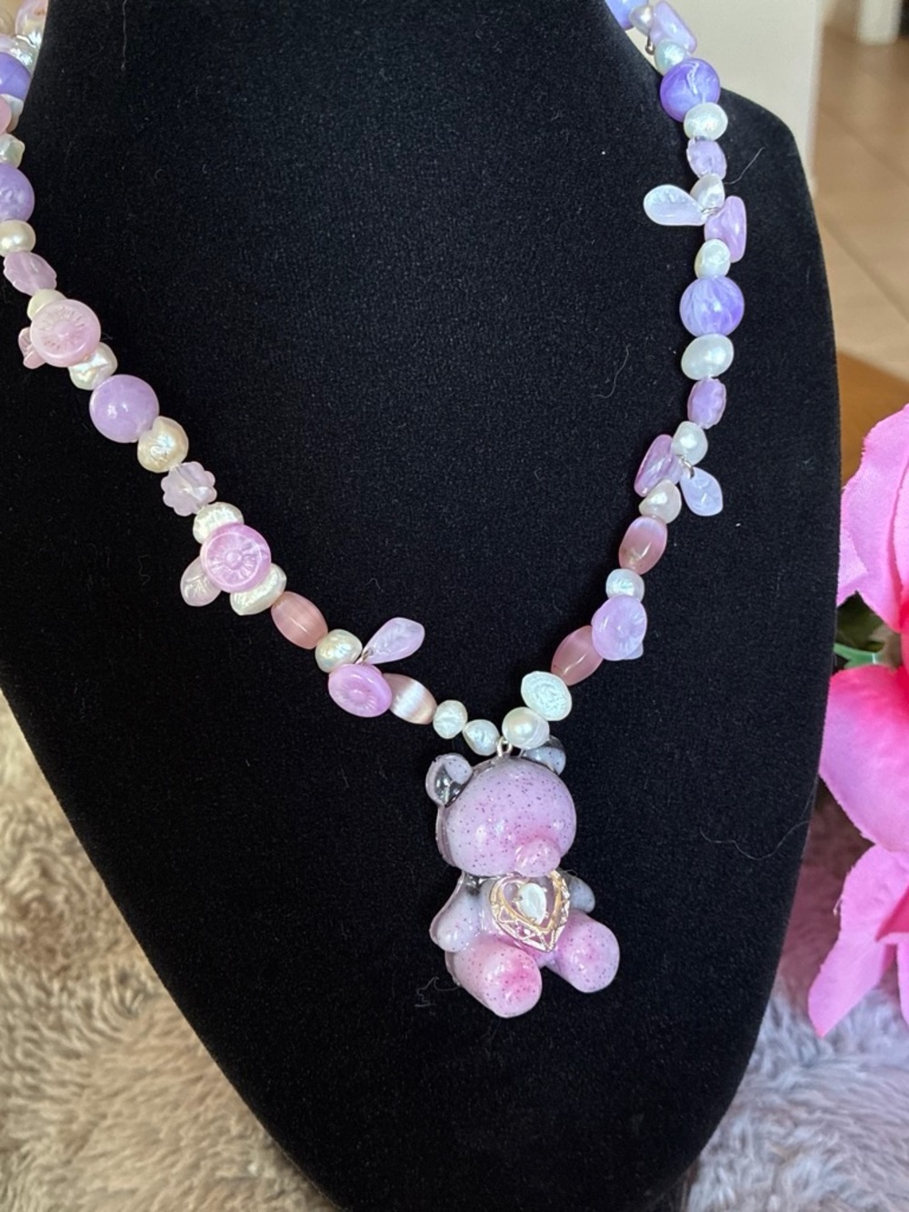Handcrafted Pink Teddy Pendant Beaded Necklace - Unbranded